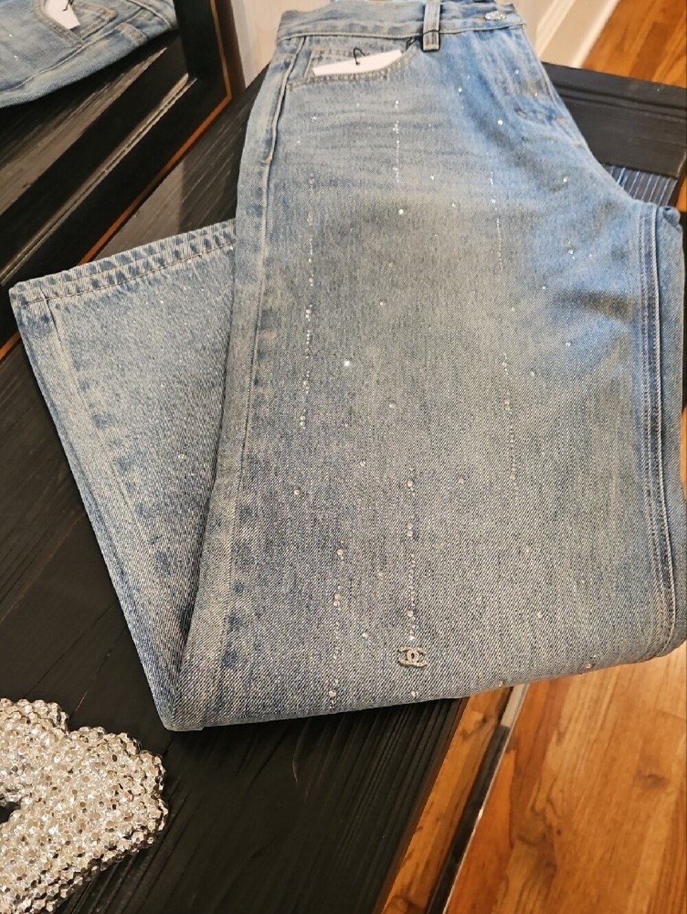 CHANEL Light Blue Wide-Leg Women's Jeans with Subtle Crystal Detail - Picture 2 of 7